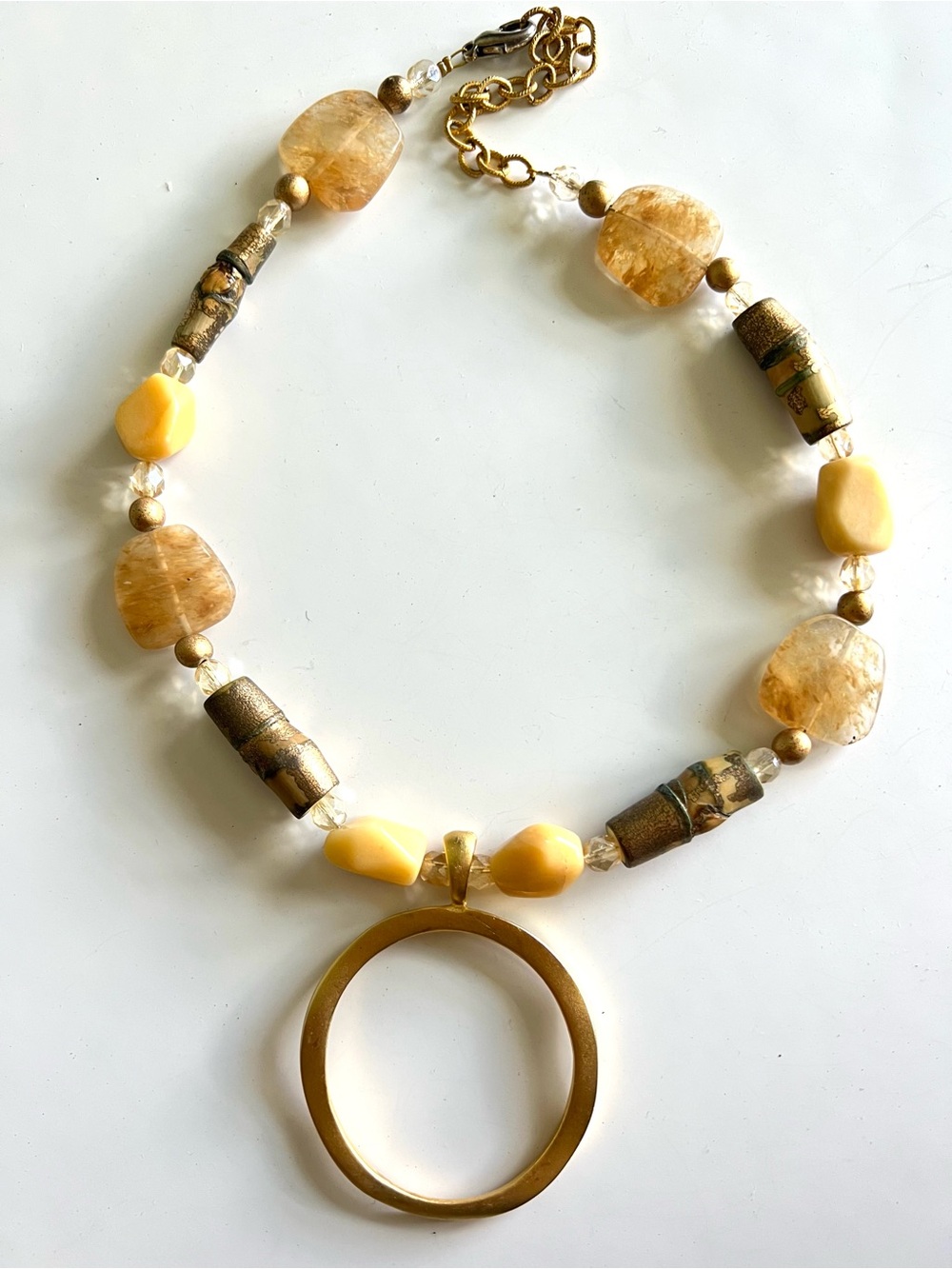 18” Adjustable Gold and Honey Bead Statement Necklace with Circular Pendant
